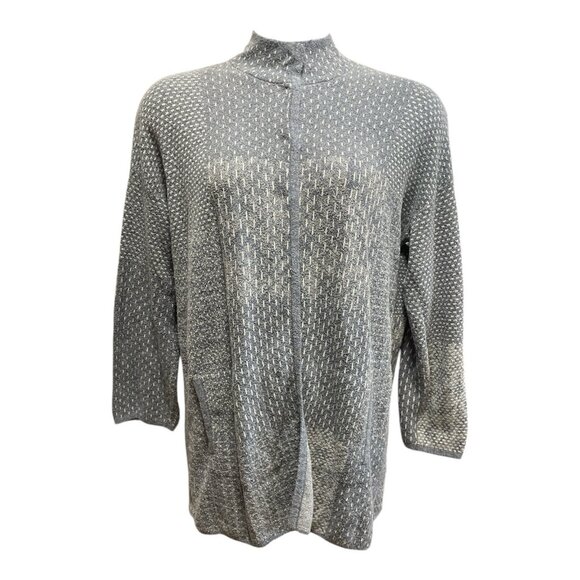 J. Jill PureJill Sweater Coat Gray Blue Print w/ Pockets Size LARGE - Picture 1 of 4